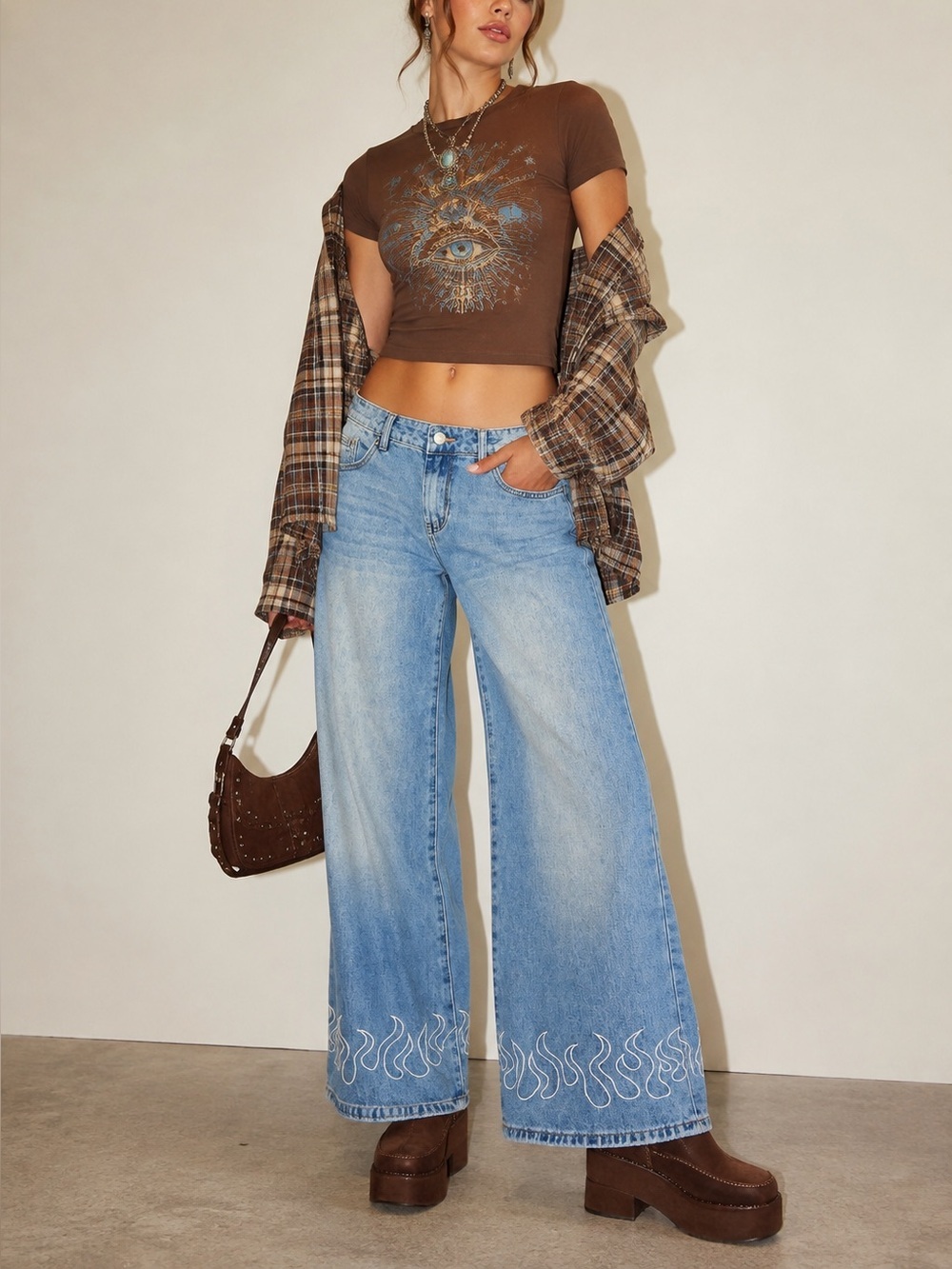Cider Light Blue Cropped Jeans with White Embroidered Hem